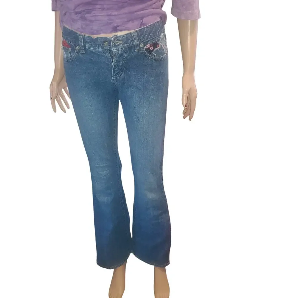 Vintage DKNY Size 1 (28x31) Boho Patchwork Low Rise Flare Jean Y2K Festival Boho